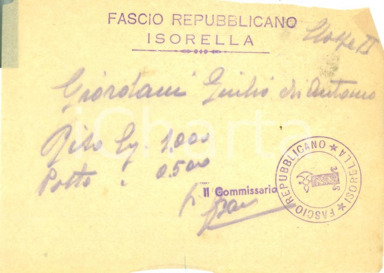 1944 ISORELLA (BS) RSI Fascio Repubblicano Giulio GIORDANI paga riso *Ricevuta