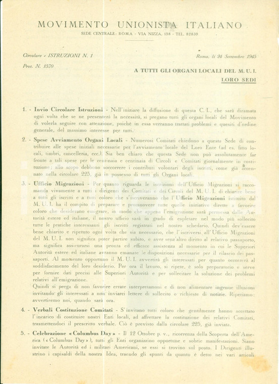 1945 ROMA Movimento Unionista Italiano M.U.I. Istruzioni ai Comitati *Documento