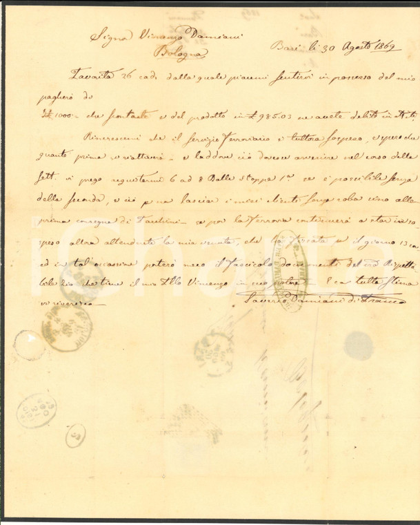 1869 BARI Ditta Saverio DAMIANI vittima dello sciopero ferroviario *Lettera