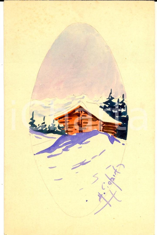 1920 ca FRANCE Cartolina postale con baita innevata *DIPINTA A MANO