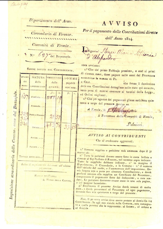 1814 FIESOLE Dipartimento dell'ARNO Avviso di pagamento a Maria Settimia STROZZI