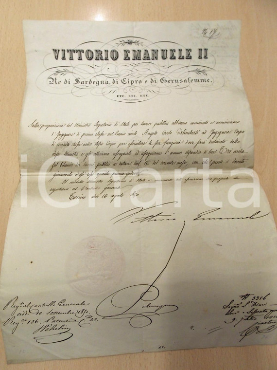 1850 TORINO Decreto VITTORIO EMANUELE II a Carlo GALIMBERTI *AUTOGRAFO