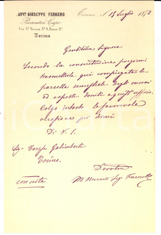 1872 TORINO Invio parcella dell'avv. Giuseppe FERRERO procuratore capo