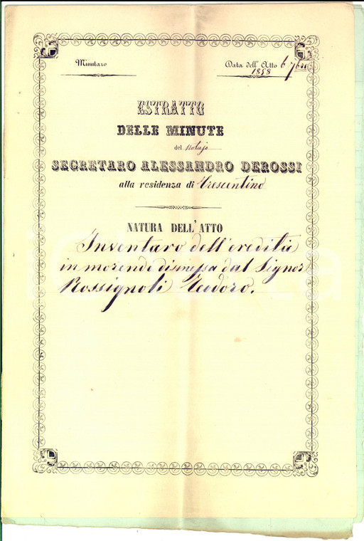1858 CRESCENTINO (VC) Inventario dell'eredità di Teodoro ROSSIGNOLI *Manoscritto