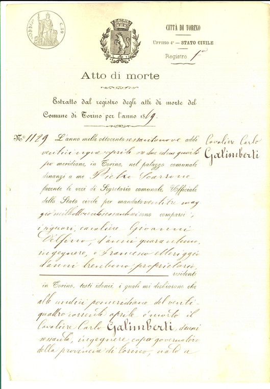 1869 TORINO Atto di morte del cav. Carlo GALIMBERTI ingegnere capo governativo