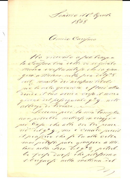 1868 SONDRIO Ing. Tomaso MAGGI a Milano per quota societaria canale VILLORESI