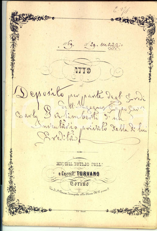 1869 TORINO Inventario beni nella casa del defunto Carlo GALIMBERTI 58 pp.