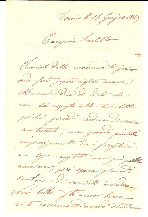 1867 TORINO Forestieri improvvisi a casa nostra *Lettera Teodoro GALIMBERTI