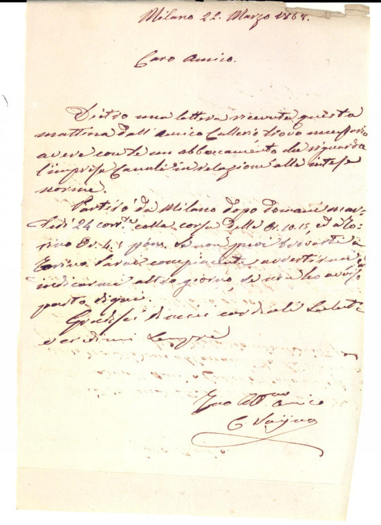 1868 MILANO Ing. Carlo SAJNO chiede un abboccamento a Carlo GALIMBERTI 
