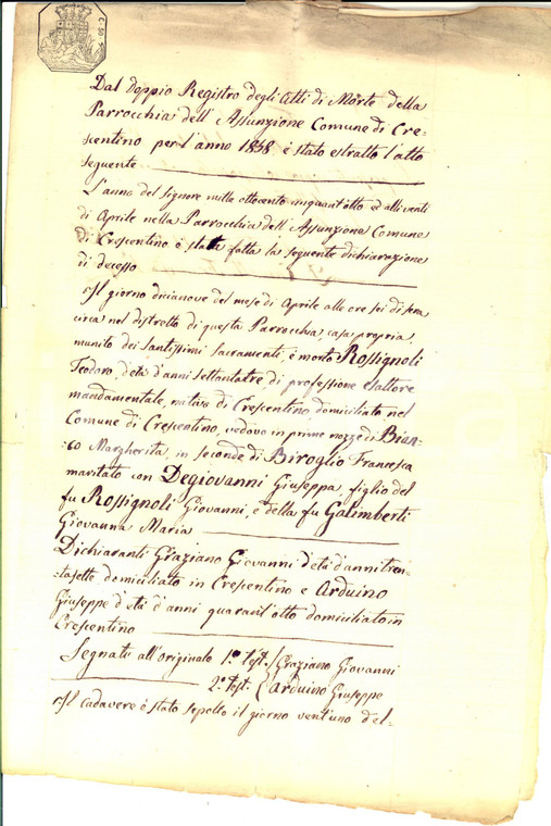 1858 CRESCENTINO (VC) Atto di morte di Teodoro ROSSIGNOLI *Manoscritto