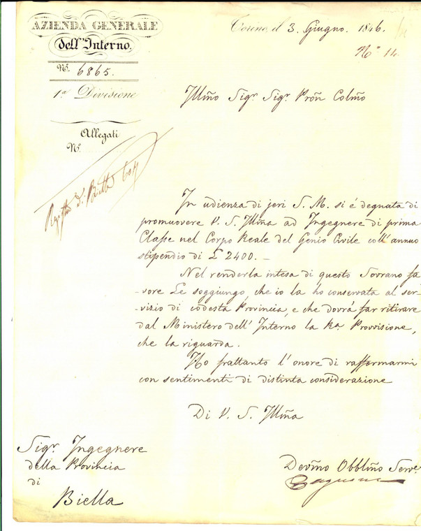 1846 TORINO Carlo GALIMBERTI ingegnere di 1^ classe *Autografo Carlo CAGNONE