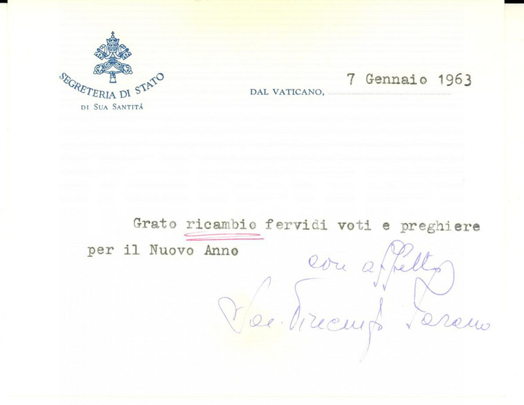 1963 VATICANO Auguri mons. Vincenzo FARANO nunzio apostolico *Autografo