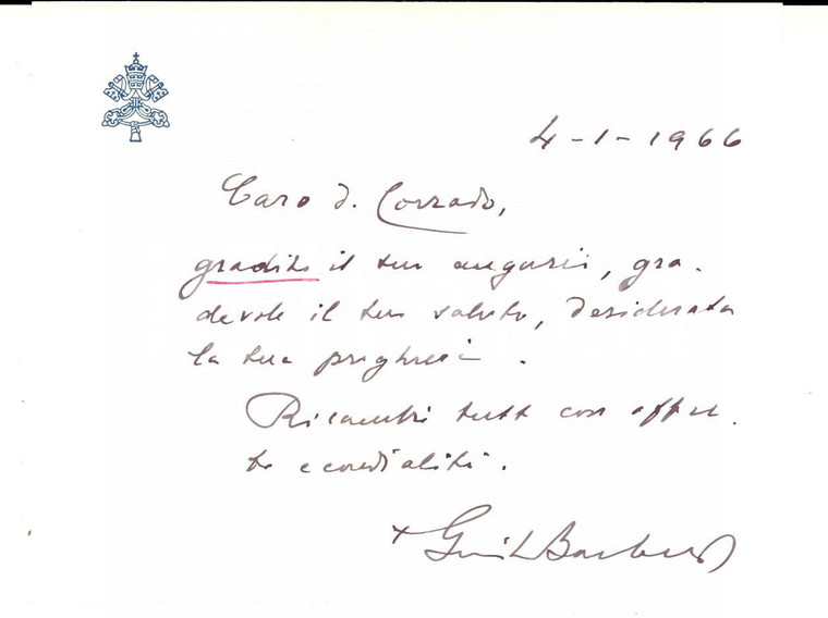 1966 VATICANO Auguri mons. Giulio BARBETTA vescovo di Faran *Autografo
