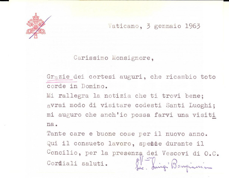 1963 VATICANO Auguri mons. Luigi BONGIANINO vescovo di Vulturia *Autografo