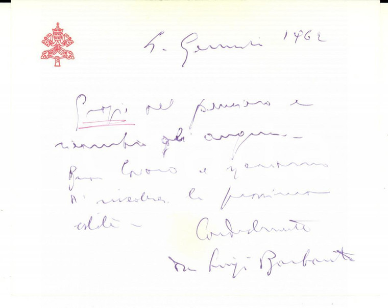 1962 VATICANO Auguri mons. Luigi BARBARITO nunzio apostolico *Autografo