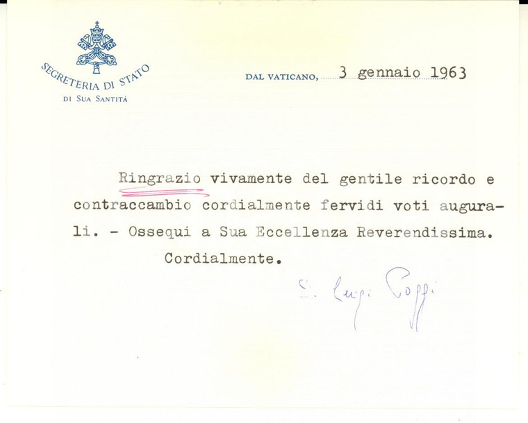1963 ROMA Auguri mons. Luigi POGGI Archivio Segreto Vaticano *Autografo