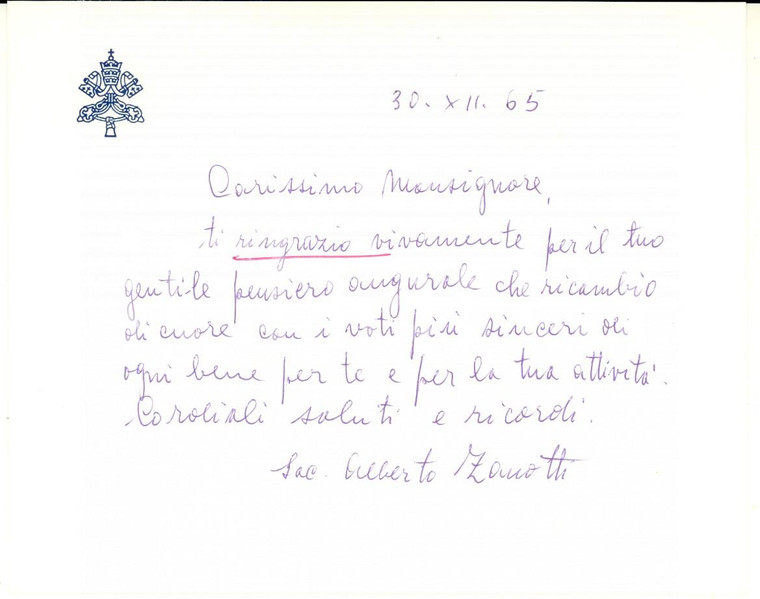 1965 ROMA Biglietto augurale mons. Alberto ZANOTTI *Autografo