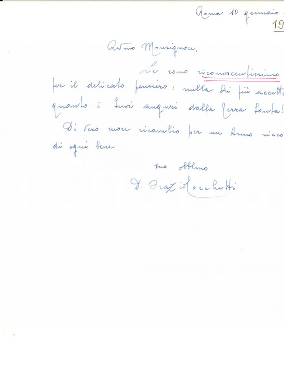 1962 ROMA Lettera di auguri di mons. Orazio COCCHETTI *Autografo