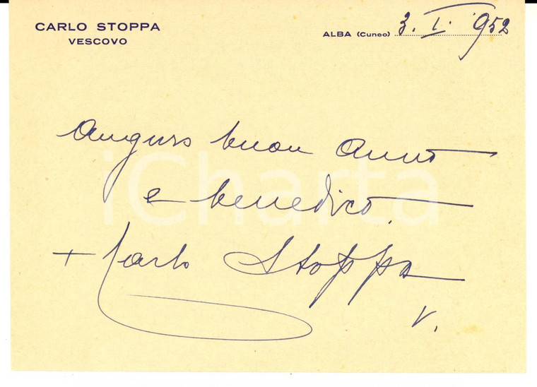 1952 ALBA (CN) Auguri di mons. Carlo STOPPA *Biglietto AUTOGRAFO