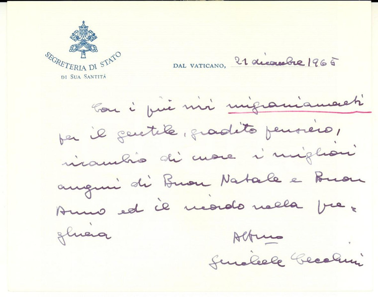 1965 CITTA' DEL VATICANO Biglietto di auguri mons. Michele CECCHINI *Autografo 