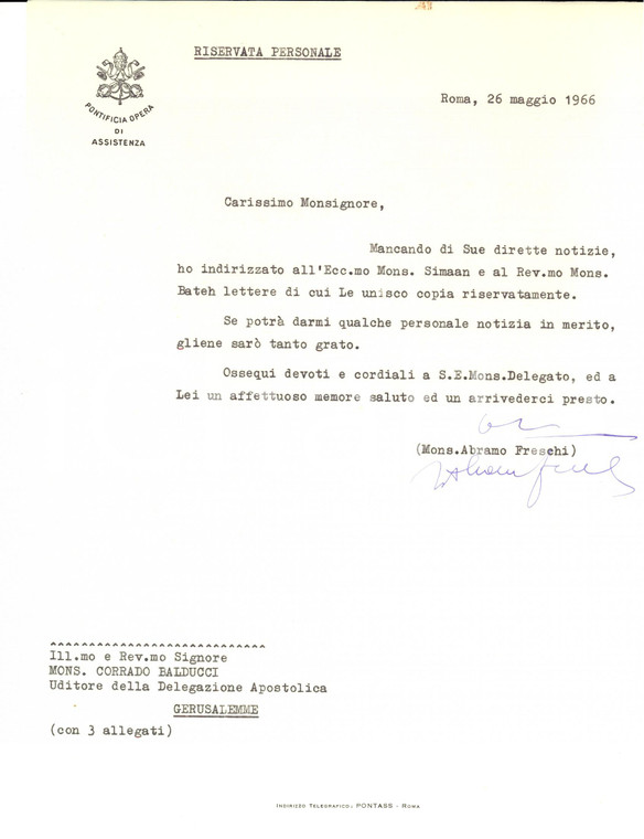 1966 ROMA Pontificia Opera di Assistenza - Mons. Abramo FRESCHI *Autografo 