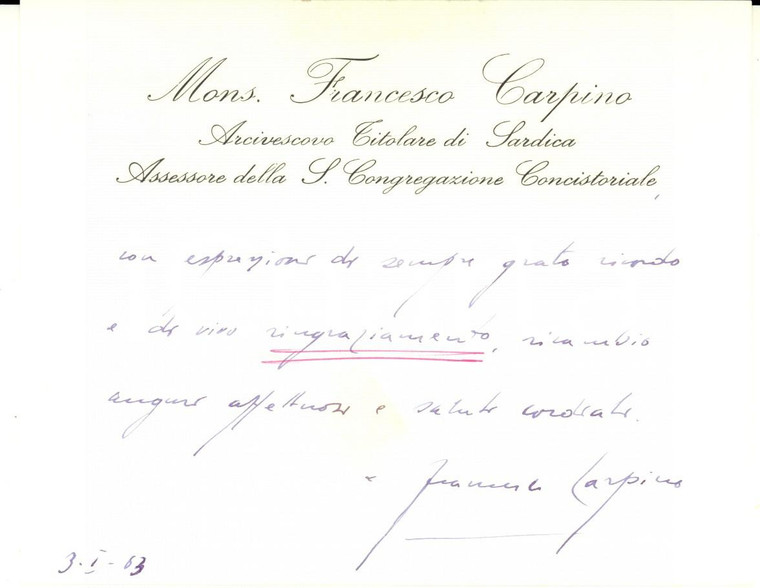 1963 ROMA Ringraziamenti del card. Francesco CARPINO *Biglietto AUTOGRAFO