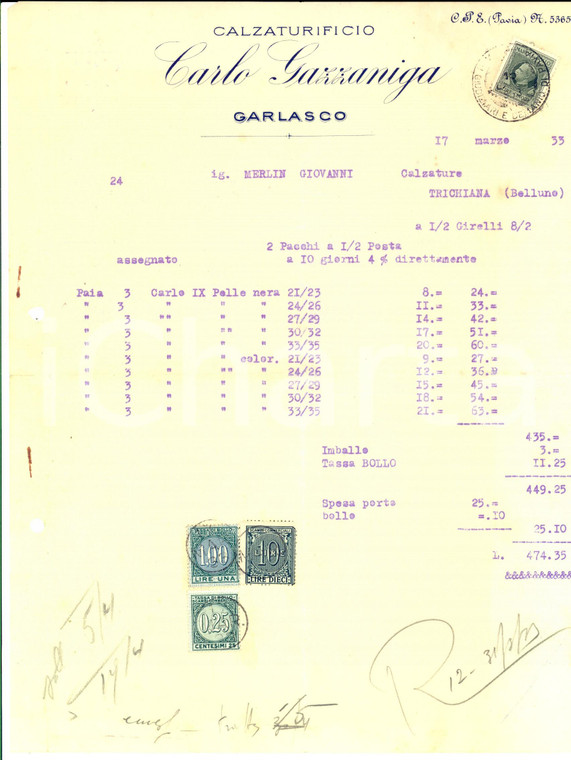 1933 GARLASCO (PV) Calzaturificio Carlo GAZZANIGA *Buono d'ordine 20 x 30