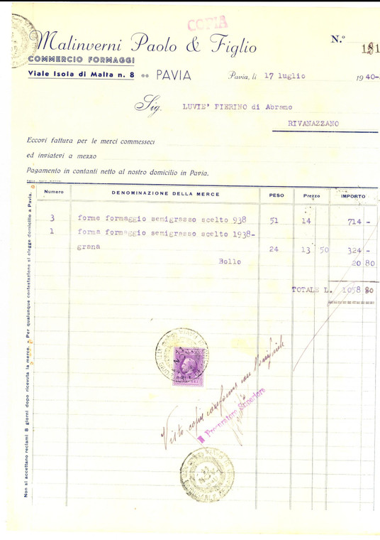 1940 PAVIA Paolo MALINVERNI & Figlio - Commercio formaggi *Fattura