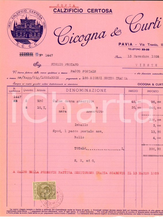 1928 PAVIA Calzificio CERTOSA - CICOGNA & CURTI *Fattura per calze da donna