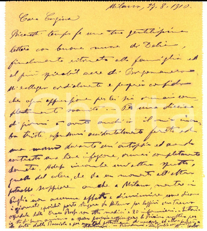 1910 MILANO Biglietto a Maria Anna BONOLA LORELLA su epidemia colera in Puglia