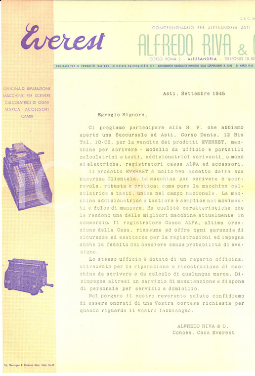 1945 ASTI Alfredo RIVA Macchine per scrivere EVEREST *Lettera pubblicitaria