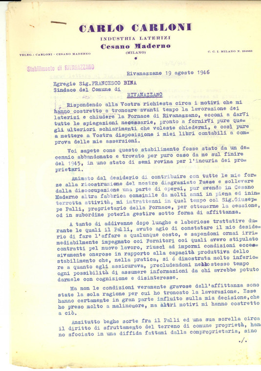 1946 RIVANAZZANO TERME (PV) Carlo CARLONI e il fallimento della propria fornace