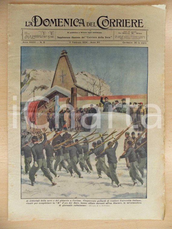 1934 DOMENICA DEL CORRIERE Studenti davanti al Duce ai Littoriali di CORTINA
