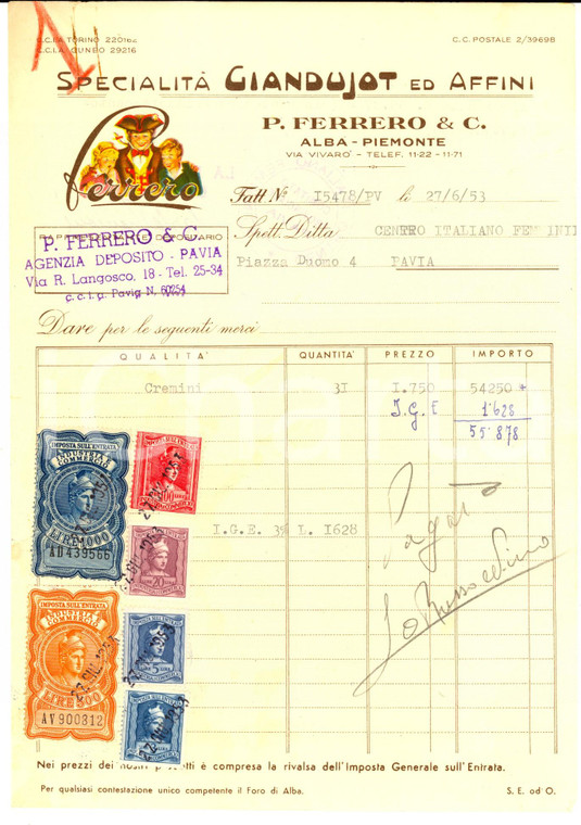 1953 ALBA (CN) Ditta FERRERO Specialità giandujot *Fattura intestata per cremini