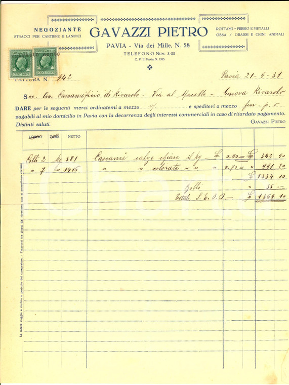 1931 PAVIA Pietro GAVAZZI - Stracci per cartiere e lanifici *Conto manoscritto