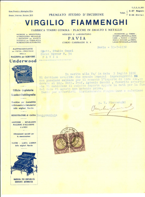 1930 PAVIA Ditta Virgilio FIAMMENGHI - Fabbrica timbri gomma  *Lettera
