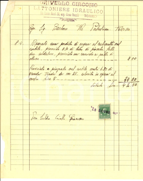 1934 TORINO Conto di Giacomo CRIVELLO lattoniere idraulico *Carta intestata