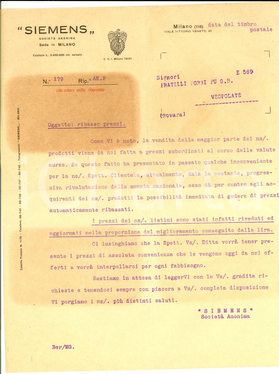 1940 ca MILANO Ditta SIEMENS Ribasso dei prezzi per il miglioramento della lira
