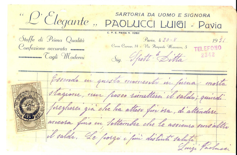 1931 PAVIA Sartoria L'ELEGANTE di Luigi PAOLUCCI *Lettera commerciale