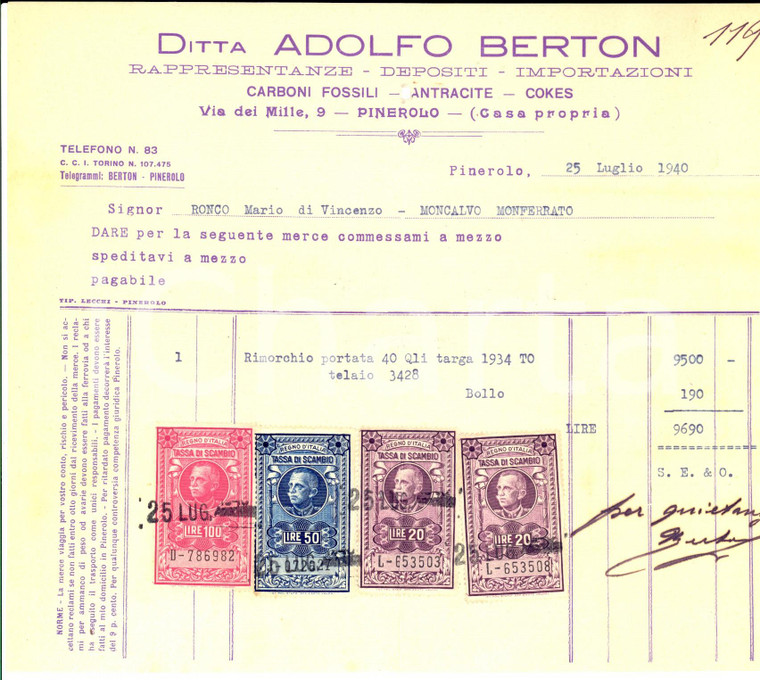 1940 PINEROLO (TO) Ditta Adolfo BERTON Carboni fossili *Fattura intestata