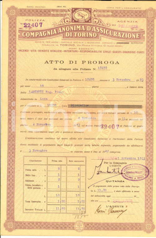 1923 TORINO Compagnia Anonima di ASSICURAZIONE *Proroga polizza Italo LANZETTI