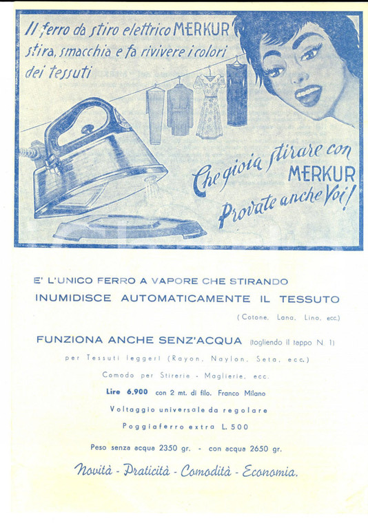 1950 ca MILANO Ferro da stiro elettrico MERKUR *Volantino pubblicitario