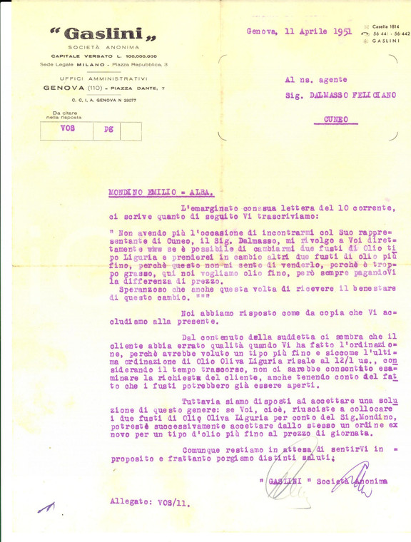 1951 GENOVA Ditta GASLINI Cambio fusti olio per Emilio MONDINO di Alba *Lettera