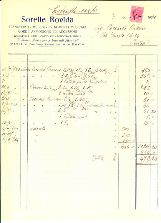 1931 PAVIA Sorelle ROVIDA Pianoforti e strumenti musicali *Estratto conto