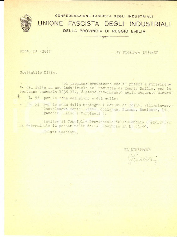 1936 CFI REGGIO EMILIA Prezzo del latte a uso industriale per campagna casearia