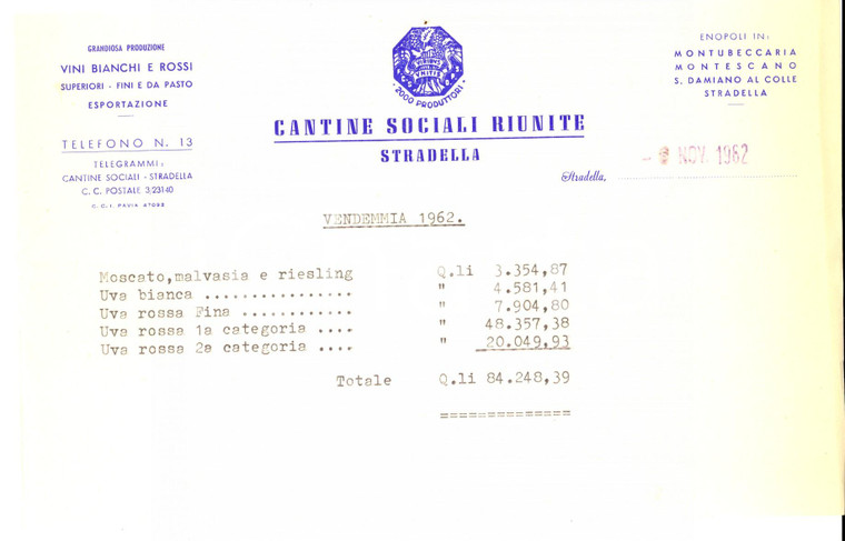 1962 STRADELLA (PV) CANTINE SOCIALI - Vendemmia annuale uve e moscato