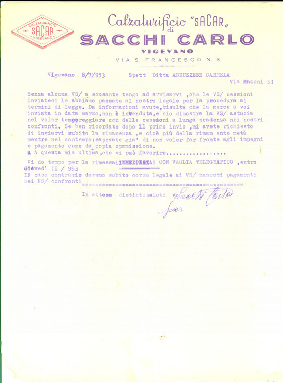 1953 VIGEVANO (PV) Calzaturificio SACAR di Carlo SACCHI *Lettera commerciale