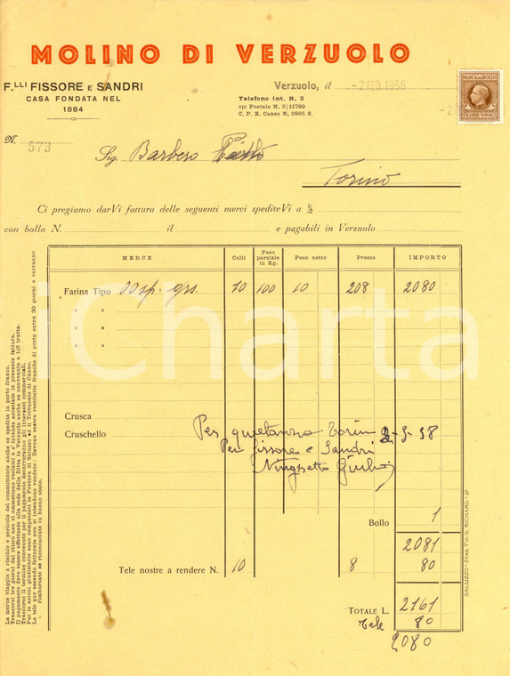 1938 VERZUOLO (CN) Fratelli FISSORE e SANDRI - Molino *Fattura intestata