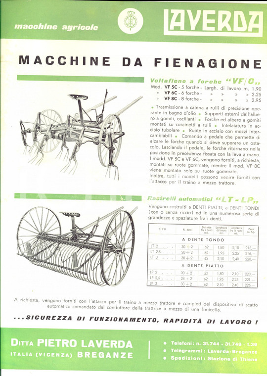 1959 BREGANZE (VI) Pietro LAVERDA Macchine da fienagione *Volantino DANNEGGIATO