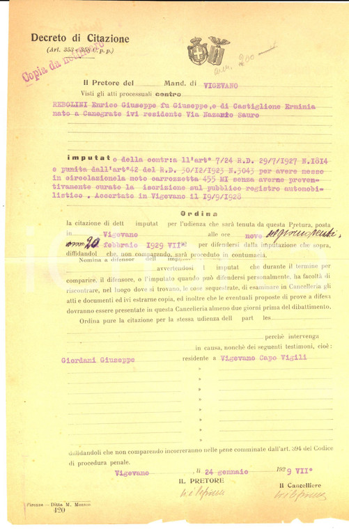 1929 VIGEVANO Citazione giudiziaria per Enrico REBOLINI su motocarrozzetta